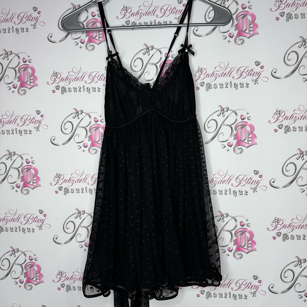 La vie en rose babydoll dress hearts black ribbon tie up bows diamond crystals